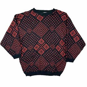 Vintage 80s Brunny Abstract Geometric Pull Over Black Red Sweater USA Made Large